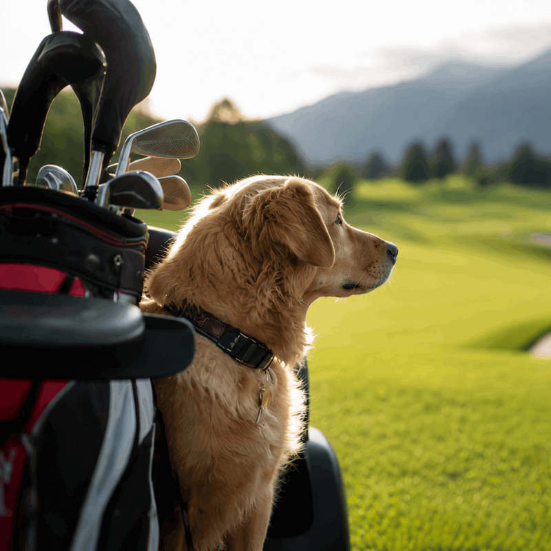 Ein goldenes Retriver-Hund sitzt neben Golfschlägern und blickt auf einen grünen Golfplatz mit Bergen im Hintergrund.
