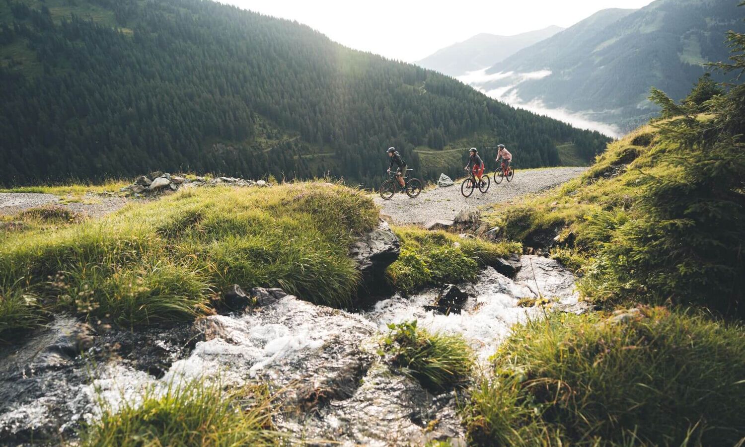 Drie mountainbikers rijden op een brede bergweg langs een bergbeek met uitzicht op een bebost Alpenlandschap