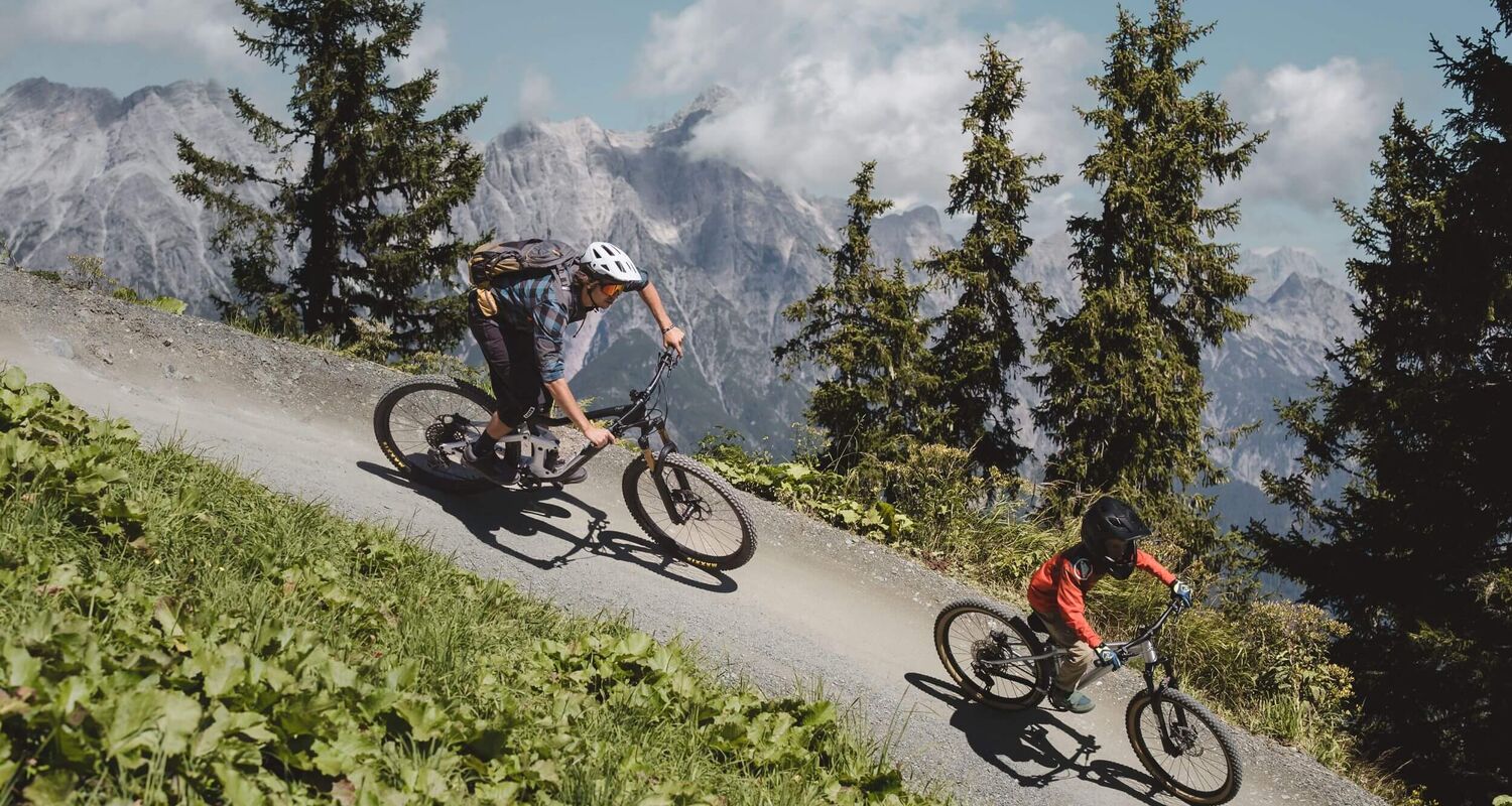 Cycling trail with a mountain panorama in the Saalbach bike region.