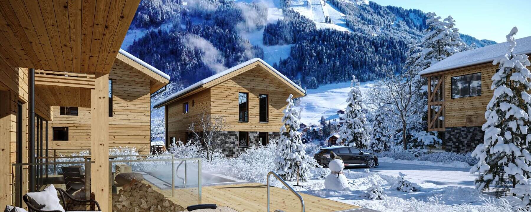 Kreischberg Pool Villas in a snowy winter landscape, ALPS RESORTS