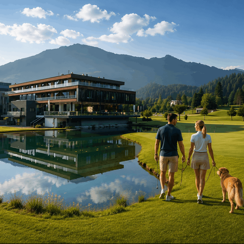 Ein Paar spaziert mit einem Hund am Golfplatz entlang, während die Berge im Hintergrund leuchten.
