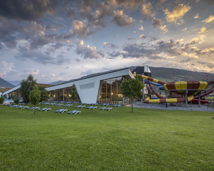 Exterior view of a thermal spa with water slides