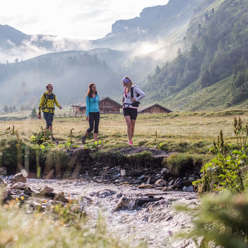 Wanderer im Raurisertal spazieren entlang eines klaren Gebirgsbaches im Nationalpark Hohe Tauern.