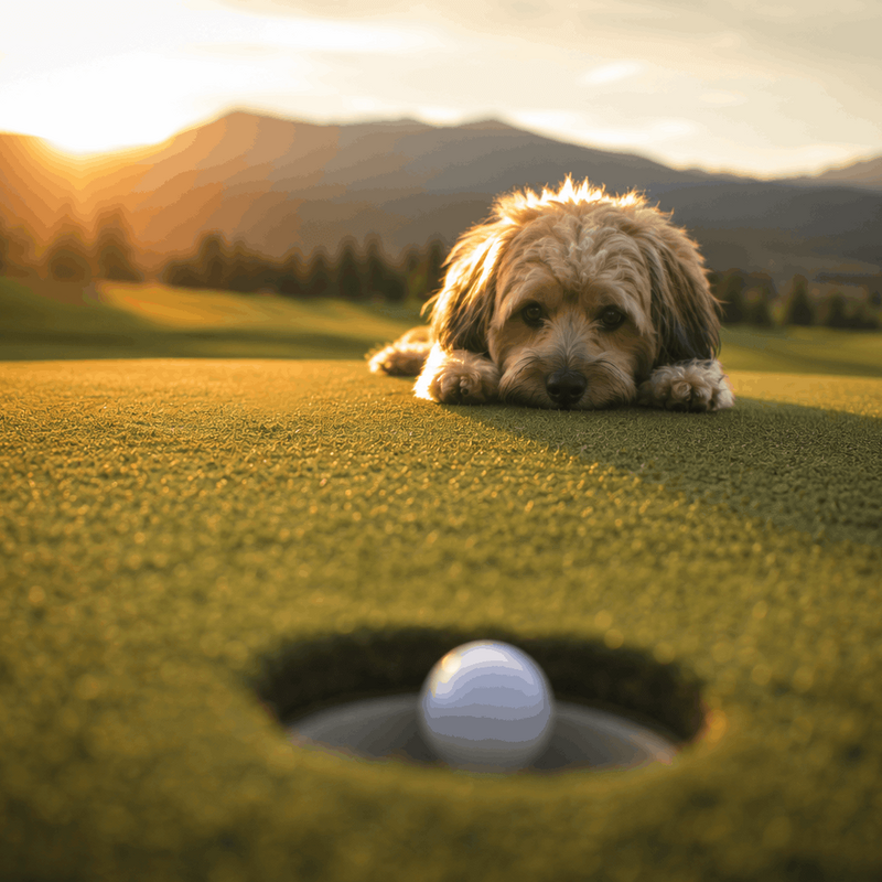 Hund liegt auf dem Golfplatz und beobachtet einen Golfball im Loch bei Sonnenuntergang.