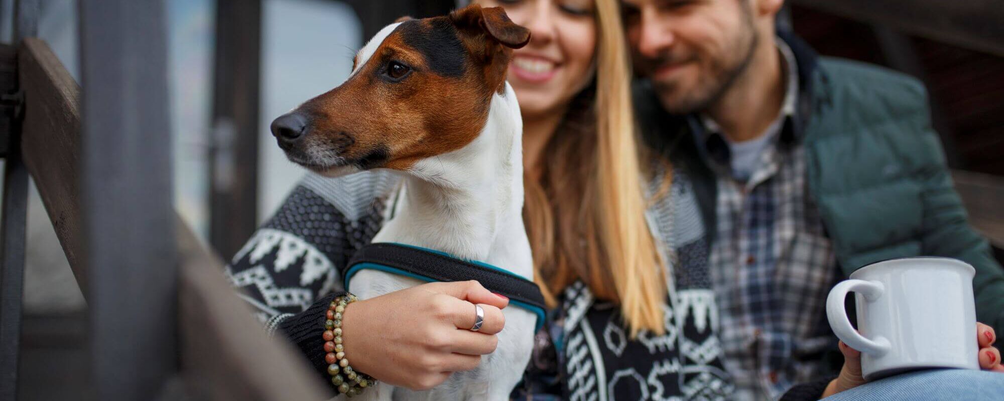 A couple enjoys winter Urlaub mit Hund im Chalet, relaxing with their dog on a cozy porch.