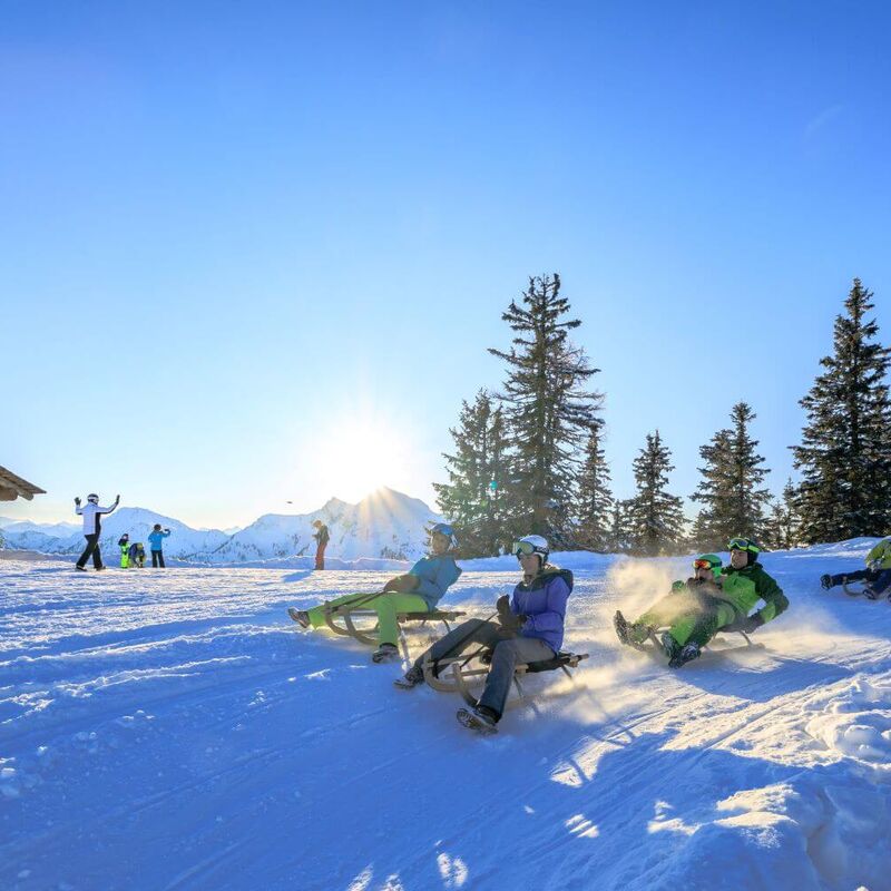 Group of tobogganists ride down the prepared toboggan run.