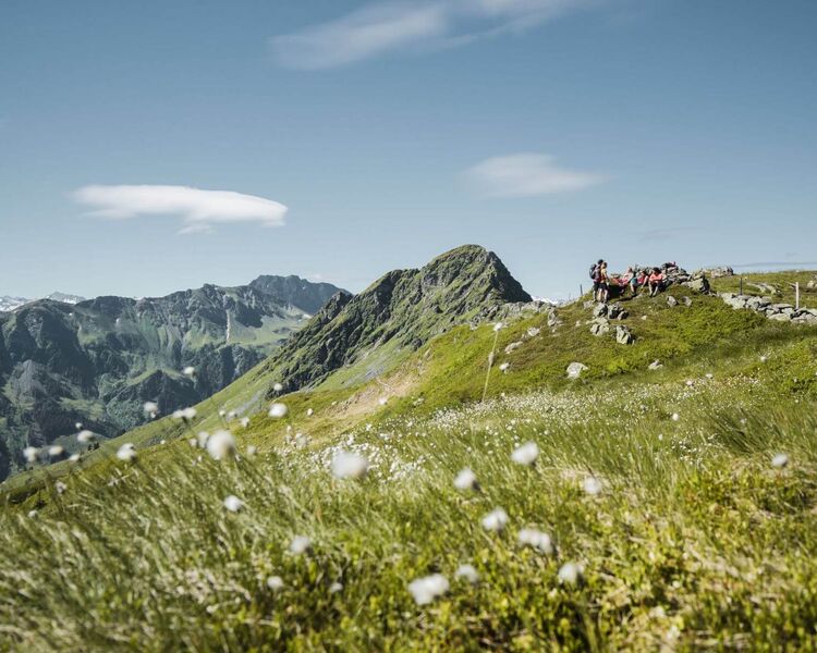 Hikers in the mountain landscape of Saalbach Hinterglemm.