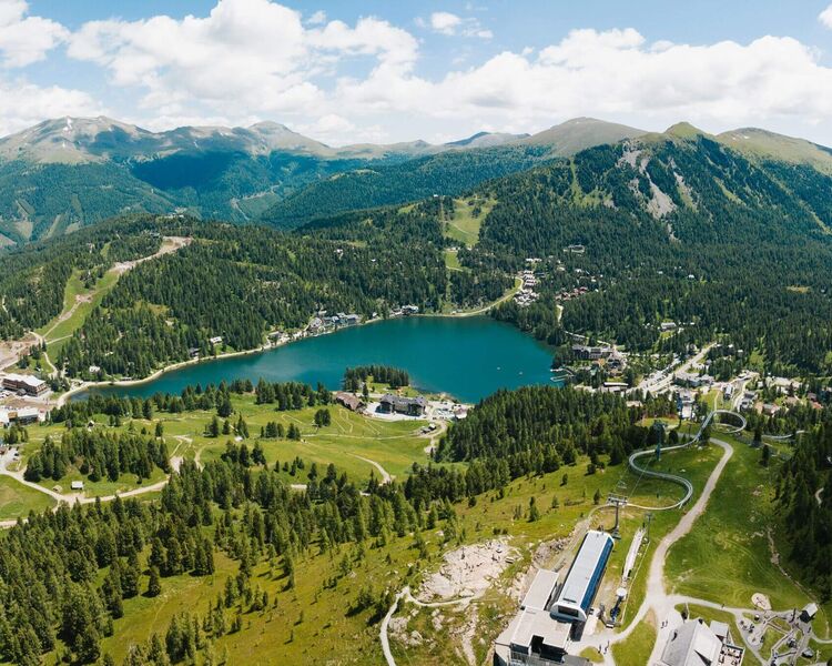 Aerial view of Lake Turracher See in summer