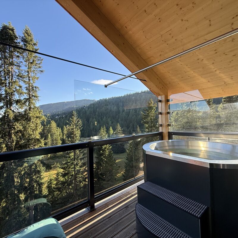 Outdoor bathtub on the balcony of a holiday home, view of the Swiss stone pine forest