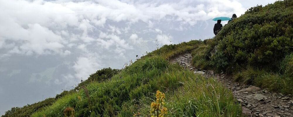 Wanderer mit Regenschirm bei Schlechtwetter am Wanderweg Wang in Schruns