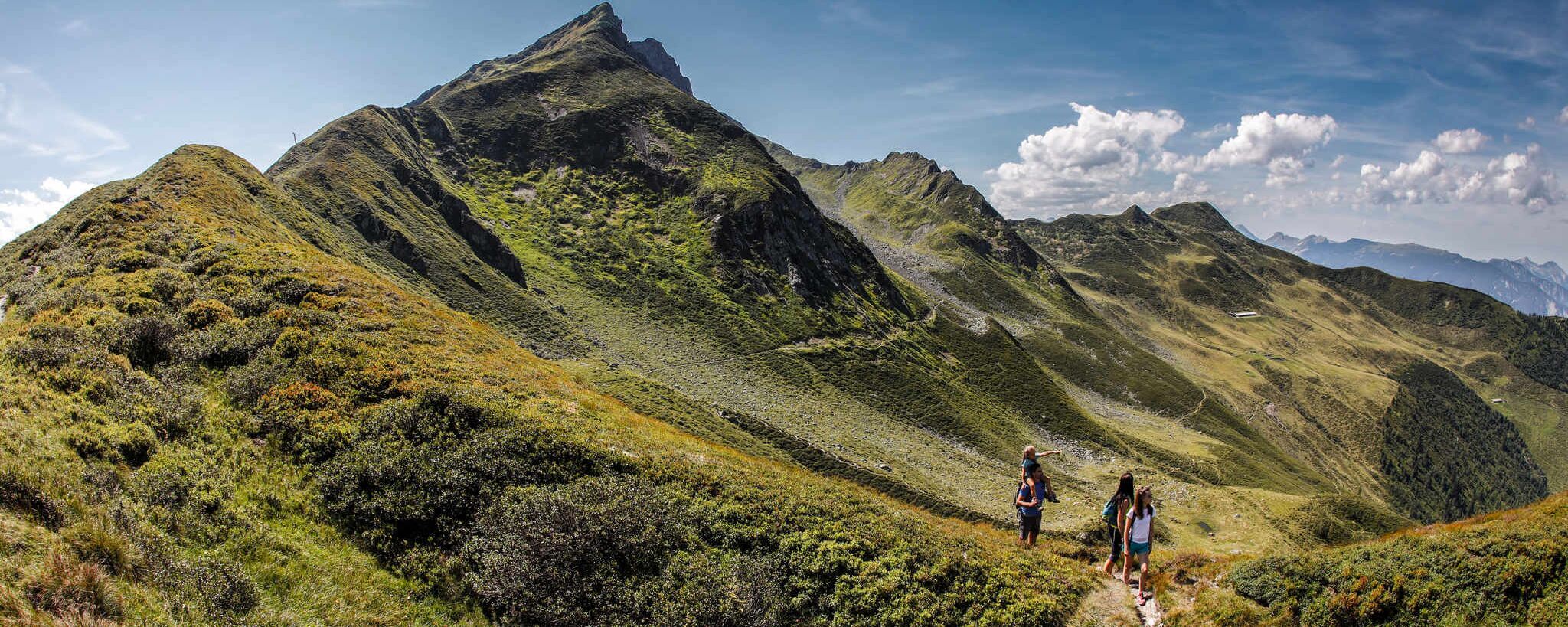 Wanderer genießen den Sommerblick auf die majestätischen Berge im Zillertal beim Spieljoch. | © Zillertal Tourismus