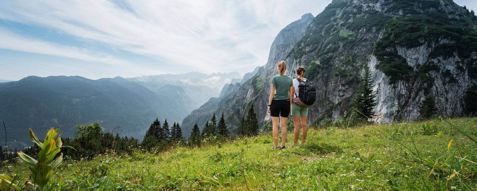 Wanderer auf der Zwieslalm mit berge im Hintergrund