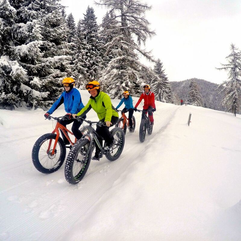 Een groep fietsers in warme winterkleding rijdt met fatbikes met brede banden een besneeuwd bergpad op