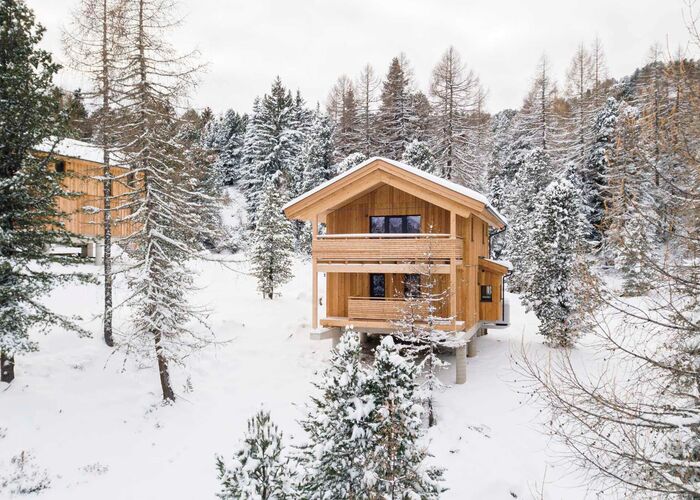 Außenansicht der Naturchalets Turracher Höhe by ALPS RESORTS im Winter mit verschneitem Chalet, schneebedeckten Bäumen und winterlicher Berglandschaft.