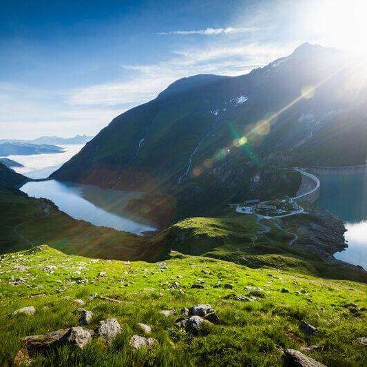 The two Kaprun high mountain reservoirs and the impressive dam wall in a high alpine landscape.