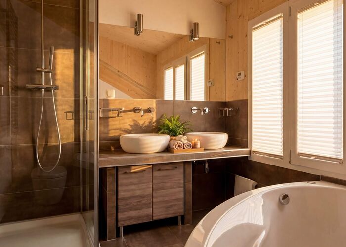 Helles Badezimmer mit Dusche, zwei Waschbecken, modernen Armaturen und einer Badewanne, umgeben von Holzdetails.