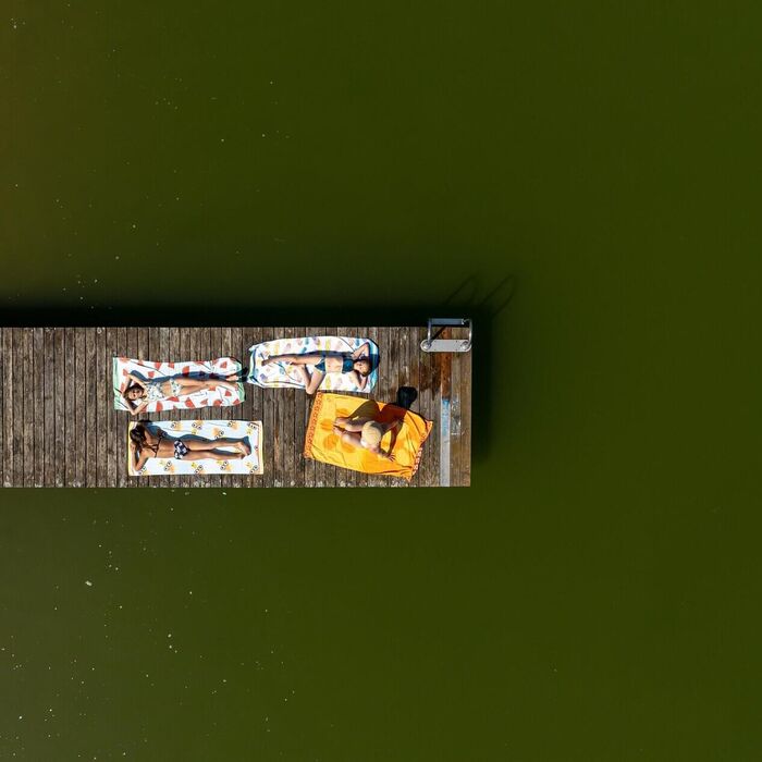 Aerial view of the wooden pier at Graslupp Pond in Zirbitzkogel Grebenzen Nature Park