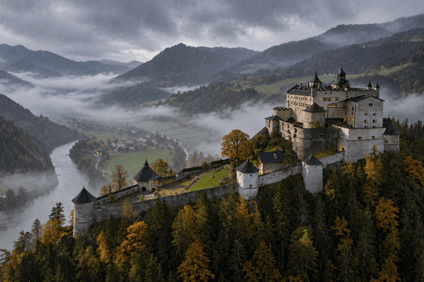 Hohenwerfen Castle on a wooded rock above the misty Salzach valley