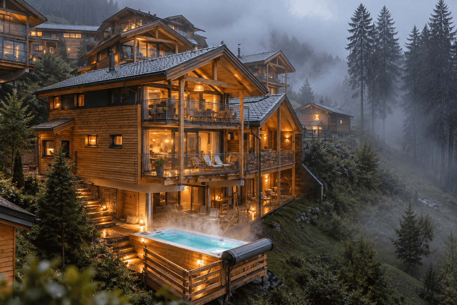 Illuminated wooden chalet at Alpenchalets Reiteralm with a hot tub in autumn rain and mist