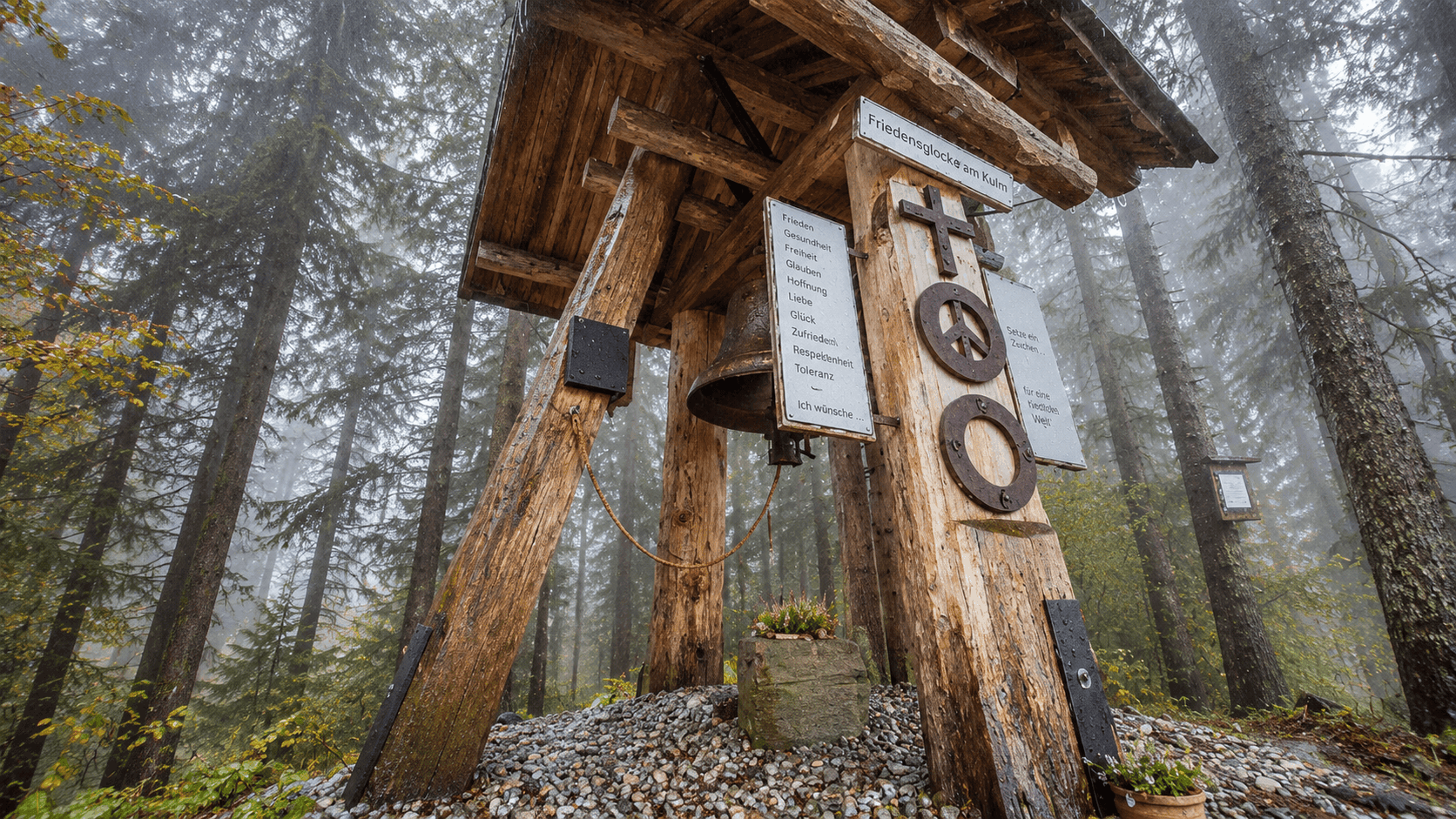Wooden peace bell on the Baumhoroskopweg in a misty autumn forest