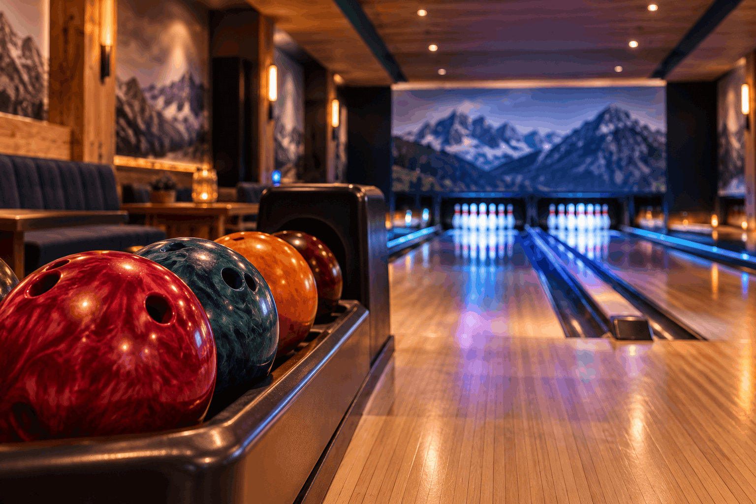 Bowling alley with colorful balls in the foreground and a mountain mural on the wall
