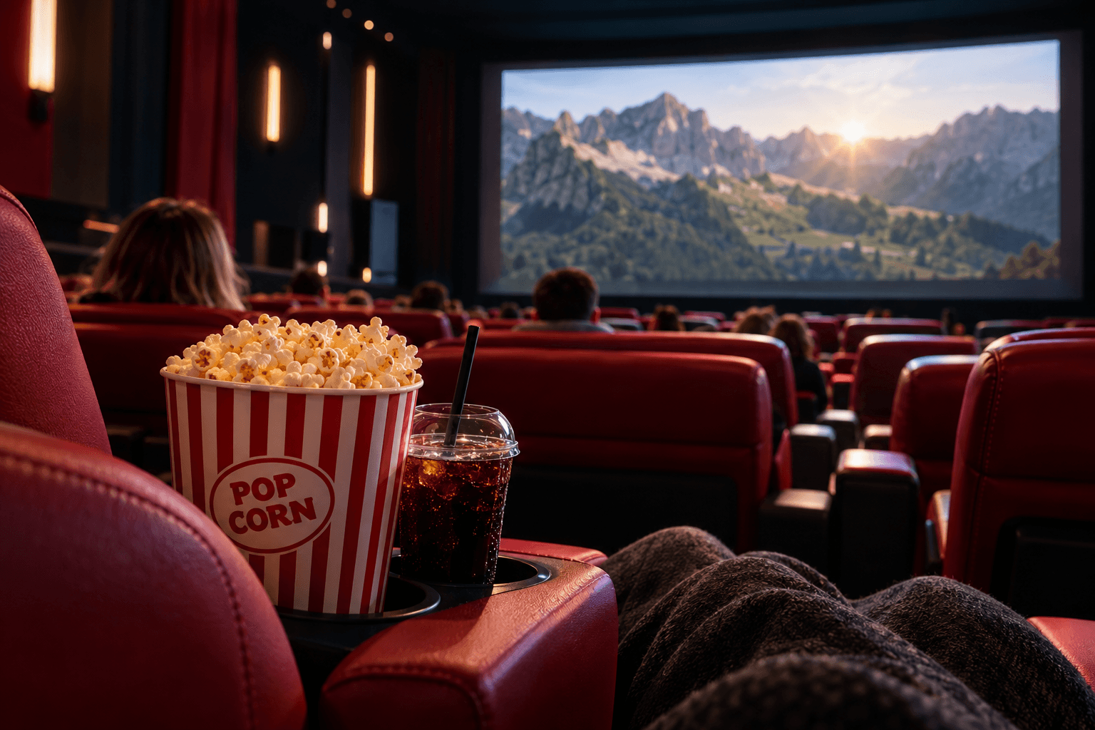 Cinema with red seats, popcorn and a drink in front of a screen showing a mountain panorama