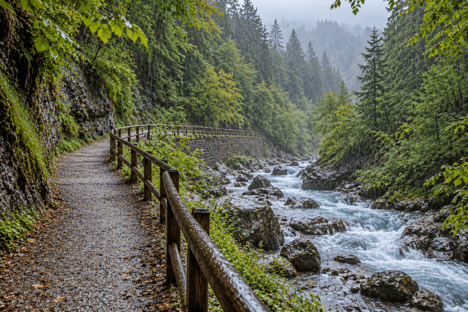 Rain-soaked hiking trail with a wooden railing along the stream in the Talbachklamm gorge