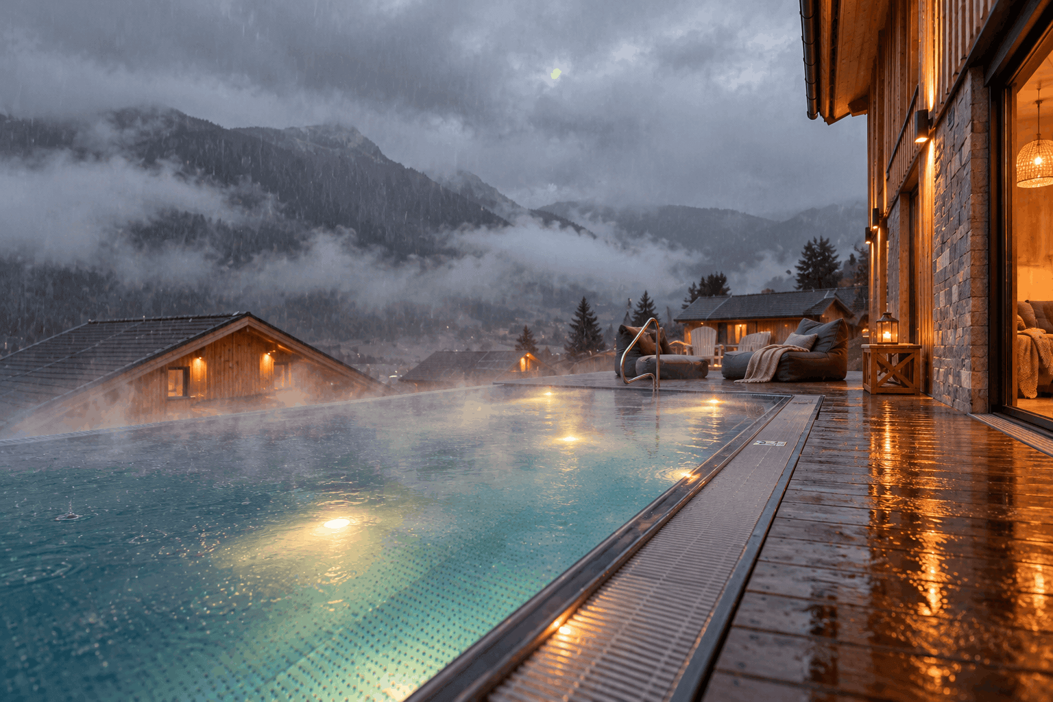 Illuminated outdoor pool at Bergresort Hauser Kaibling with steam and clouds over the mountains