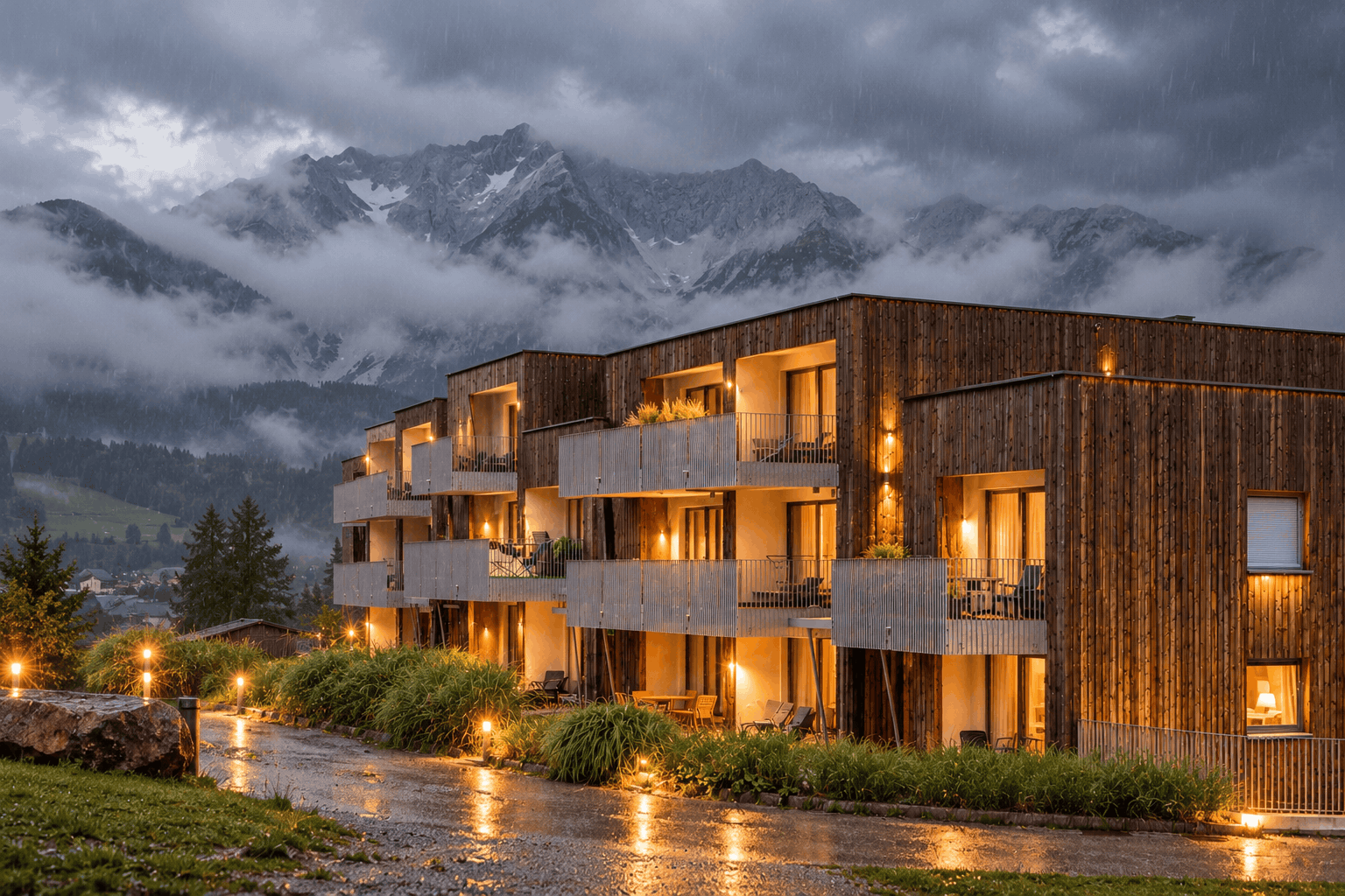 Illuminated wooden building of Alpenrock Schladming in the rain with cloud-covered mountains behind