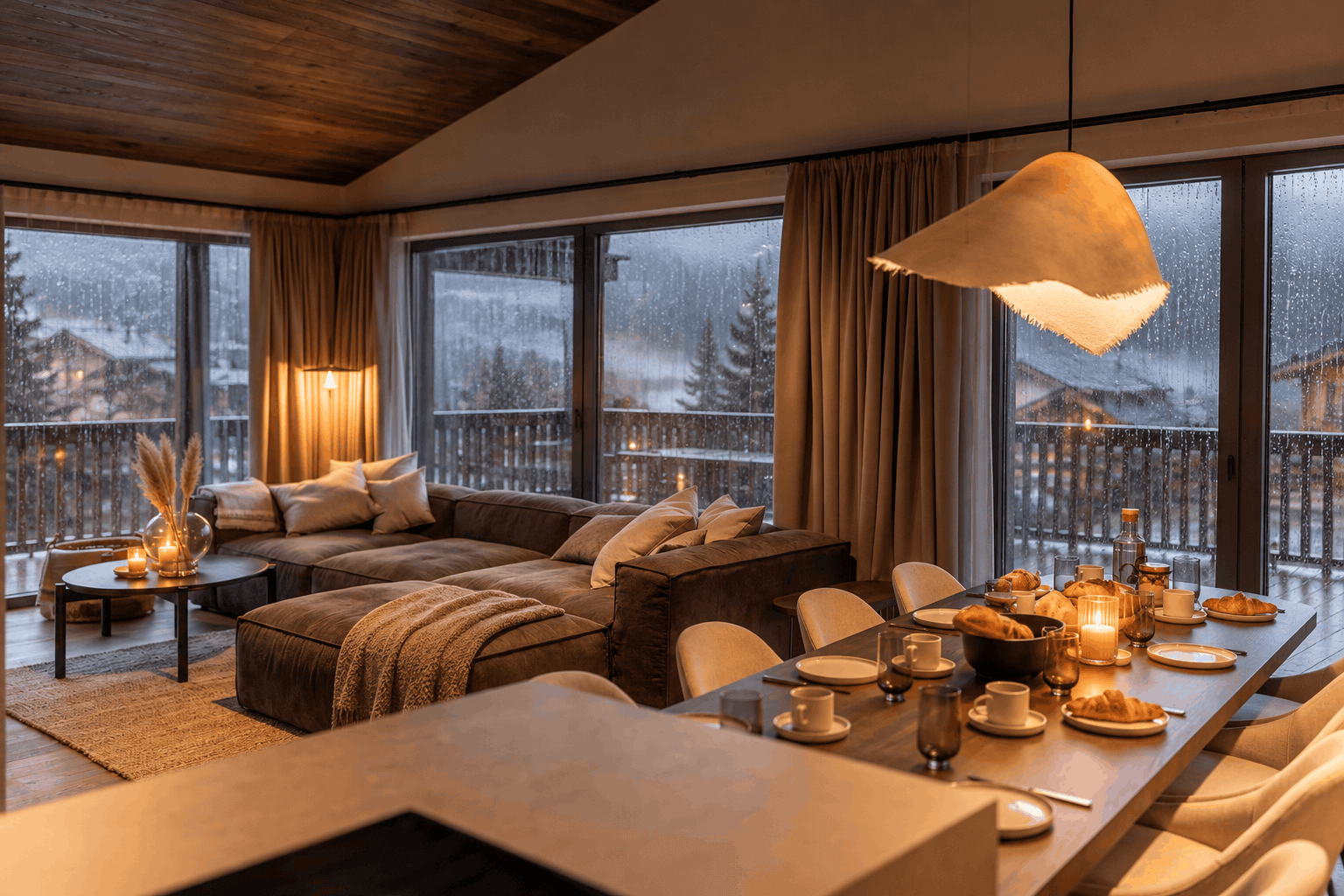 Cozy living and dining area of Villa Liesl with a view of the rain through floor-to-ceiling windows